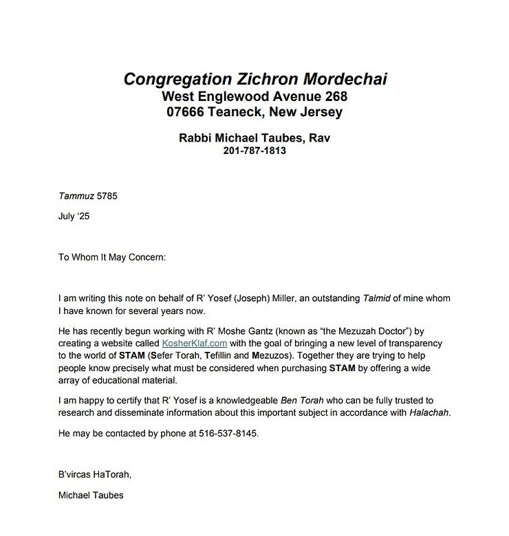 Letter from Rabbi Michael Taubes
